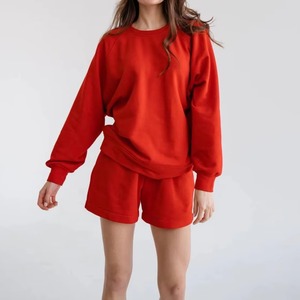 2026 Women's <b>Red</b> 2 Piece Sweatshirt Set O Neck Long Sleeve Loose Fit Casual Solid Color Knitted Shorts <b>Suit</b> Spring Summer Wear - Product Image 2