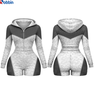 <b>Top</b> Trending Hot Selling Women's Hooded Color Block 2Pcs Short Set Sporty Zipper Knitted Spandex Polyester Spring Summer Workout - Product Image 1