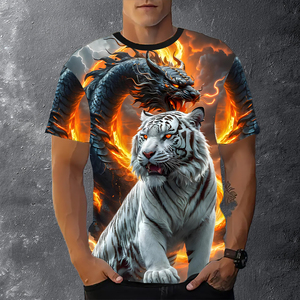 T-shirt de sublimation 3D Tigre Blanc et Dragon de Feu - Streetwear graphique animaux mythiques - T-shirt décontracté fantaisie artistique pour homme - Product Image 1