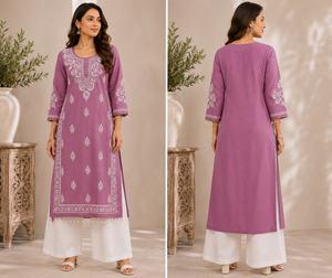 Mauve Embroidered <b>Chikankari</b> Straight <b>Kurta</b> with White Palazzo Set Buy Direct From Supplier - Product Image 4