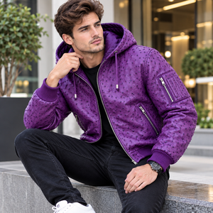 Blouson bomber à capuche en cuir d'autruche gaufré pour homme – Blouson matelassé en cuir texturé de luxe avec fermeture éclair - Product Image 6