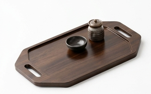 Octagonal Wooden Serving Tray Geometric Breakfast Platter Dark <b>Walnut</b> Finish Cutout Handle Tea <b>Coffee</b> Display Irregular Shape - Product Image 1