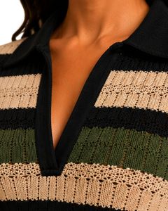Combinaison en tricot rayée noire, verte et beige pour femme, manches courtes, col polo, été, décontractée, une pièce, coupe ajustée, design personnalisé - Product Image 5
