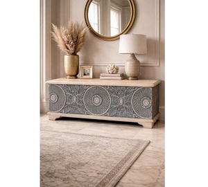 Aparador de Madera Maciza Hecho a Mano de Lujo con Tallado Geométrico Ornamentado de Mandala, Consola Buffet - Product Image 1