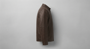 Brown Solid Finished PU Leather <b>Jacket</b> <b>Men</b> Zip up <b>Racer</b> Coat Windproof Waterproof Stand Collar Casual Motorbike Outerwear - Product Image 3