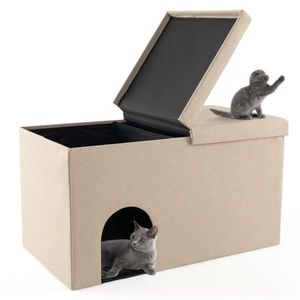 Beige Cat Litter Box Enclosure with Urine Proof Litter Mat Entrance Shoe Stool & Accessories - Product Image 1