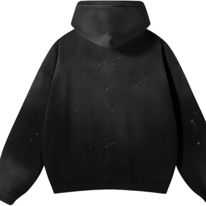 Sudadera con capucha negra desgastada con salpicaduras de pintura, estilo urbano, al por mayor - Product Image 4
