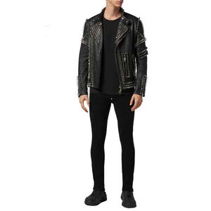 Men's <b>Punk</b> Style Leather Motorcycle <b>Jacket</b> With Rivet Decoration Zipper Closure Turn-Down Collar - Product Image 3