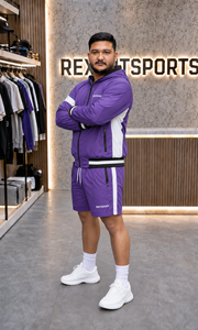 REXFIT SPORTS 2026 Custom <b>Men</b>’s Purple Nylon Hooded <b>Jacket</b> and Shorts Set Full Zip Streetwear Sportswear Private Label - Product Image 6