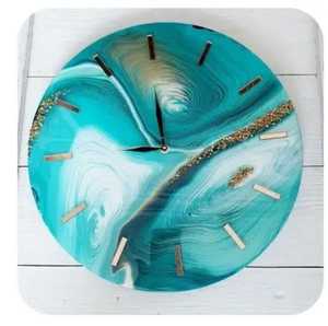 Modern Teal Abstract Fluid Art Epoxy Resin Wall <b>Clock</b> with Gold Accents Round Silent Quartz <b>Movement</b> <b>Clock</b> for Bedroom Decor - Product Image 1