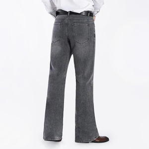 Jean évasé gris délavé pour homme, taille haute, fermeture boutonnée, en coton, style décontracté, tissé mi-lourd, collection automne - Product Image 4