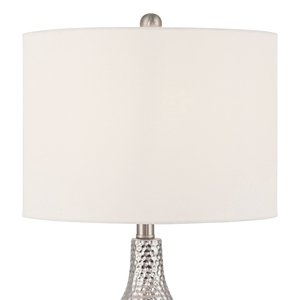Sleek design Hammered Silver <b>Table</b> Lamp Set of 2 Luxury Textured Metal Base White Fabric Shade Elegant <b>Bedside</b> Nightstand Light - Product Image 4