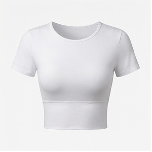 Haut court à col rond et manches courtes, blanc uni, en spandex et polyester respirant, vêtements de yoga, vêtements de sport pour femmes - Product Image 1