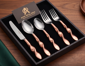 Ensemble de couverts modernes en acier inoxydable, finition or rose PVD, poignées torsadées en spirale, résistant à la rouille, pour mariage, fêtes et événements - Product Image 3
