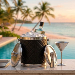 Luxury Stainless Steel Double Wall Wine <b>Ice</b> Bucket With Black Quilted Leather Wrap Silver Ring Handles Party Beverage Tub - Product Image 6
