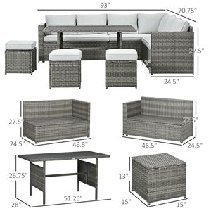 Set di mobili in vimini da giardino in 7 pezzi divano componibile in plastica a grana di legno misto grigio con tavolo da conversazione - Product Image 3