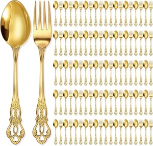 Juego de cubiertos dorados de 40 piezas con acabado pulido espejo y mangos ornamentados para vajilla de boda, juego de cubiertos metálicos decorativos. - Product Image 1