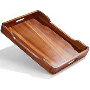 Plateau de service rectangulaire en bois d'acacia avec logo personnalisé, plateau à nourriture en bois rustique, plateau de table avec poignées pour hôtel, restaurant - Product Image 1