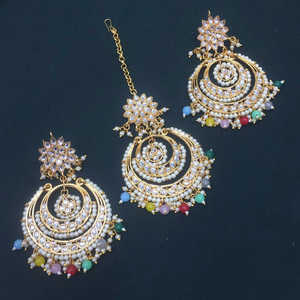 Designer <b>Gold</b> Plated Kundan <b>Earrings</b> Multi Color Beads Dangler <b>Earrings</b> <b>Set</b> with Maang Tikka Elegant Jewelry for Women Parties - Product Image 1