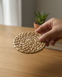 Handmade 4 Inch <b>Woven</b> Rattan <b>Coaster</b> Natural Finish India Rustic Decor Braided Washable Eco-Friendly for Home Wedding Banquet - Product Image 3