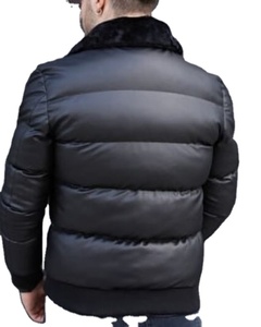 แจ็กเก็ตขนสีดำสำหรับผู้ชายปกหนังขนเป็ดหนังแท้ - Product Image 1