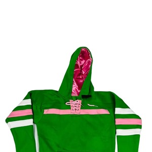 Sweat-shirt à capuche vert zippé avec manches rayées à lacets roses, poche, 100% coton, imperméable, coupe classique, décontracté, tricoté, unisexe - Product Image 3