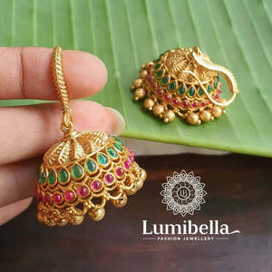 Matte Gold Plated Zircon and Pearl Drop Jhumkas for Party - Product Image 2