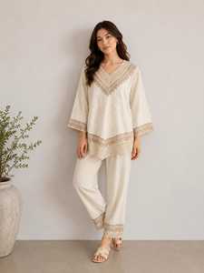 Conjunto de Dos Piezas de Encaje Floral Boho para Mujer, Pijama de Algodón Bordado, Suave y Transpirable, Nueva Llegada - Product Image 1