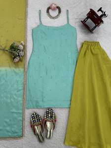 Magnifique ensemble Sharara indien pakistanais en Chinon pur, lourd et élégant, pour femme, idéal pour les fêtes, mariages et tenues décontractées - Product Image 4