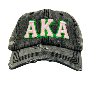 Gorra de Béisbol Ajustable de Mezclilla Negra Desgastada AKA con Letras Rosas Bordadas, Estilo Casual Vintage - Product Image 1