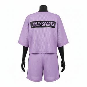 Conjunto de pantalones cortos de malla para mujer, tela de malla de poliéster transpirable, panel lateral con logo personalizado por transferencia térmica, conjuntos para mujer 100% algodón - Product Image 2