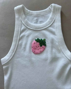 Chaleco sin mangas de verano con bordado de cuentas, diseño de flor de hibisco y concha rosa, estilo tropical, con parche de coche, Top de tirantes de algodón acanalado blanco, del mejor proveedor - Product Image 5