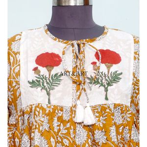 Robe Midi Florale à Pompons pour Femme 100% Coton Vintage Coupe Évasée Événements Formels Taille Naturelle Écologique Respirante - Product Image 3