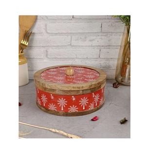หม้อไม้เคลือบมือพร้อมฝาปิดลายพิมพ์สีแดง สำหรับเก็บและโชว์โรตี - Product Image 1