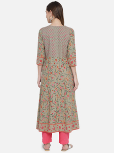 Ensemble Kurti en coton imprimé à la main, robe longue trapèze à manches trois quarts, coupe décontractée ample, tissu tissé respirant - Product Image 4