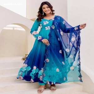 Nouvelle variété de Kurti-Anarkali en organza à rayures colorées avec imprimé floral et broderies, entièrement évasé, avec pantalon et dupatta, mode féminine - Product Image 1