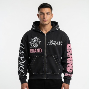 Custom Unisex Black Distressed Zip Hoodie Y2K Streetwear Punk Rhinestone Studded Frayed Hem Cherub Graphic 100% Cotton Oversized - Product Image 2