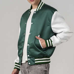 Classic Baseball <b>Jacket</b>, Varsity Letterman Style, Wool Blend, Leather Sleeves, Embroidered Patch <b>Casual</b> College <b>Jacket</b> For <b>Men's</b> - Product Image 3