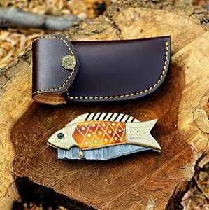 High Quality Damascus Steel Blade Folding Knife with Engraved Brass & <b>Fired</b> Bone Handle Handcrafted Fish Style Pocket Knife - Product Image 2