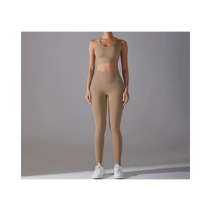 Women's <b>Seamless</b> 2-Piece Yoga <b>Set</b> High Waist Full Length <b>Leggings</b> Scoop Neck Racerback Crop <b>Top</b> Solid Color Activewear - Product Image 1