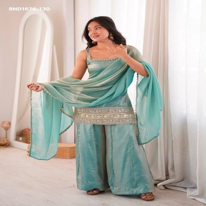Designer Fancy Silk with Embroidery Cording-Real <b>Mirror</b> work Sleeveless Short-Suit-Flared Plazzo-Dupatta Wholesale Supply - Product Image 1