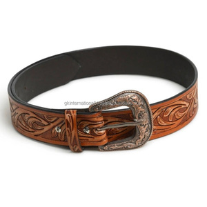 Versatile High Quality Hand Carved Floral Embossed Full Grain Western <b>Leather</b> <b>Tooling</b> Belt for Men with Stylish Engraving Buckle - Product Image 2