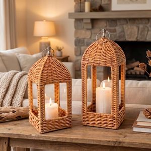 <b>Rattan</b> Handmade Candle <b>Lantern</b> Set with Stainless Steel Ring All-Weather Outdoor Patio & Indoor Tabletop Decor Factory Direct - Product Image 3