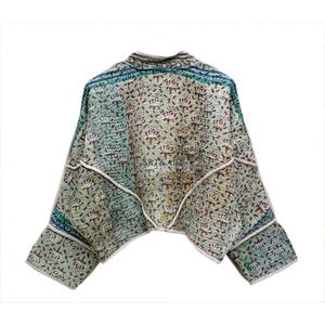 Chaqueta de Algodón Acolchada Ecológica Tejida Kantha Vintage para Mujer, Cuello en V Floral, Bolsillos con Ribete en Contraste, Blazer con Bordado - Product Image 4