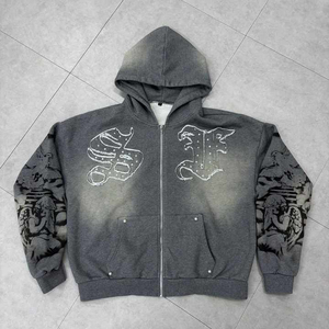 Conjunto de chándal de invierno para hombre, estilo streetwear, con decoración de perlas, lavado descolorido, corte acampanado, bajo sin rematar, efecto descolorido por el sol, holgado y de talla grande, con joggers - Product Image 1