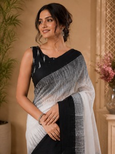Sari en coton noir et blanc avec design réversible pour femmes, tenue de mariage traditionnelle, style Inde Pakistan Bollywood, sans plis - Product Image 1
