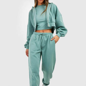 Ensemble de survêtement d'hiver uni personnalisé avec crop top décontracté, ensemble deux pièces avec sweat à capuche zippé et pantalon de jogging - Product Image 5