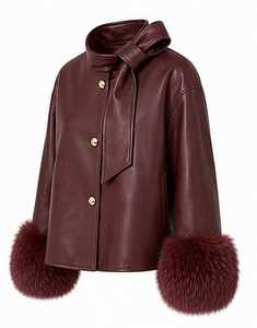 Elegante Chaqueta Blusón de Cuero Genuino Color Borgoña con Puños de Piel, Cuello Alto, Abrigo de Invierno para Mujer, Estilo Corto - Product Image 4