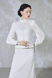 Jupe pour femme élégante et romantique en coton (extérieur) + dentelle extensible (intérieur) ATHENA Ensemble classique chemisier en dentelle et coton avec bordure en dentelle KS52 - Product Image 2