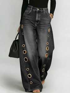Jean taille haute à jambe large, longueur intégrale, en denim bleu uni, style décontracté avec découpes, délavé, en coton tissé, pantalon pour femme - Product Image 2